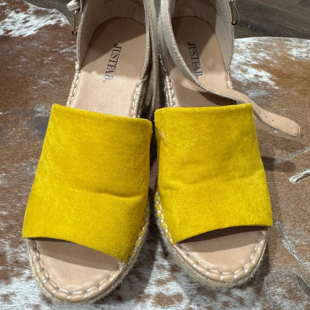 JustFab Bright Yellow Suede Espadrille Wedge Sandals